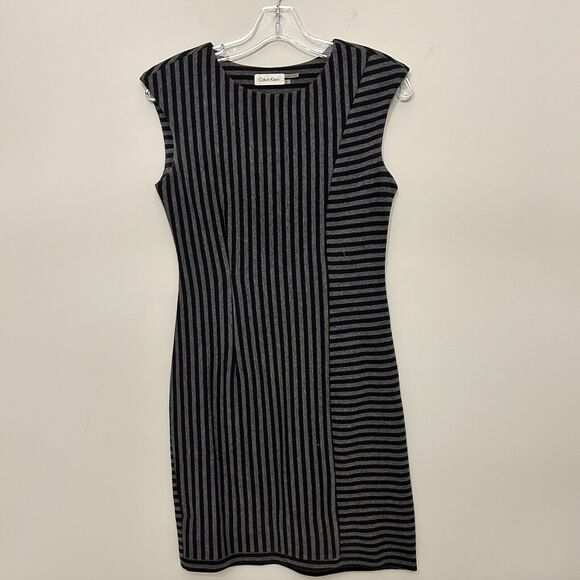 Calvin Klein Sheath Dress‎ Womens Size 2 Black Gray Striped Sleeveless Career - Picture 1 of 8